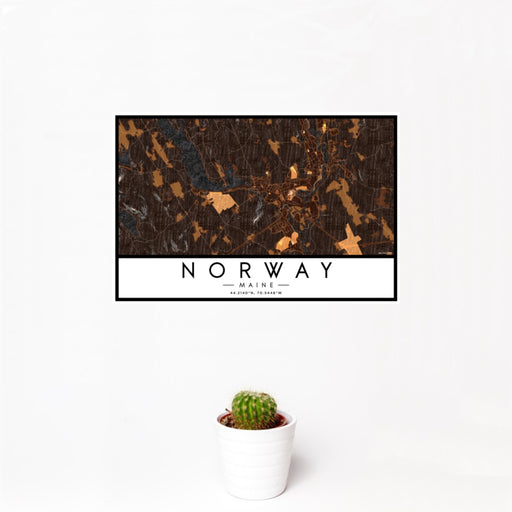 12x18 Norway Maine Map Print Landscape Orientation in Ember Style With Small Cactus Plant in White Planter