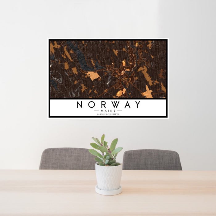 24x36 Norway Maine Map Print Landscape Orientation in Ember Style Behind 2 Chairs Table and Potted Plant