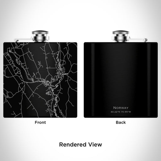 Rendered View of Norway Maine Map Engraving on 6oz Stainless Steel Flask in Black