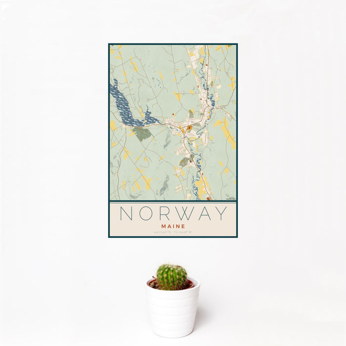12x18 Norway Maine Map Print Portrait Orientation in Woodblock Style With Small Cactus Plant in White Planter
