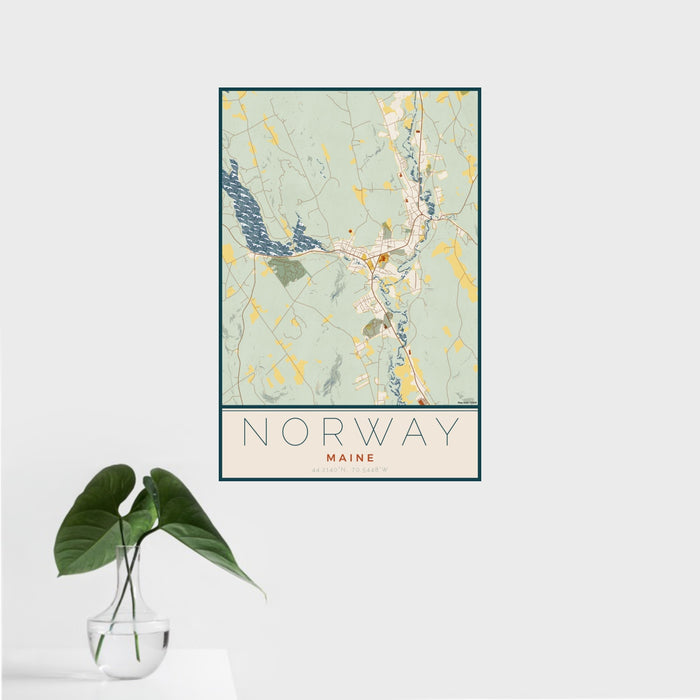 16x24 Norway Maine Map Print Portrait Orientation in Woodblock Style With Tropical Plant Leaves in Water