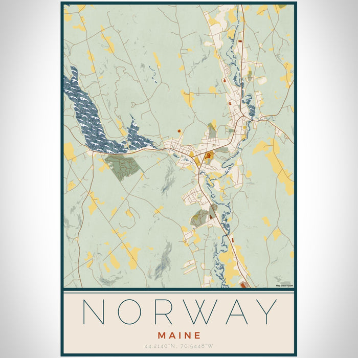 Norway Maine Map Print Portrait Orientation in Woodblock Style With Shaded Background