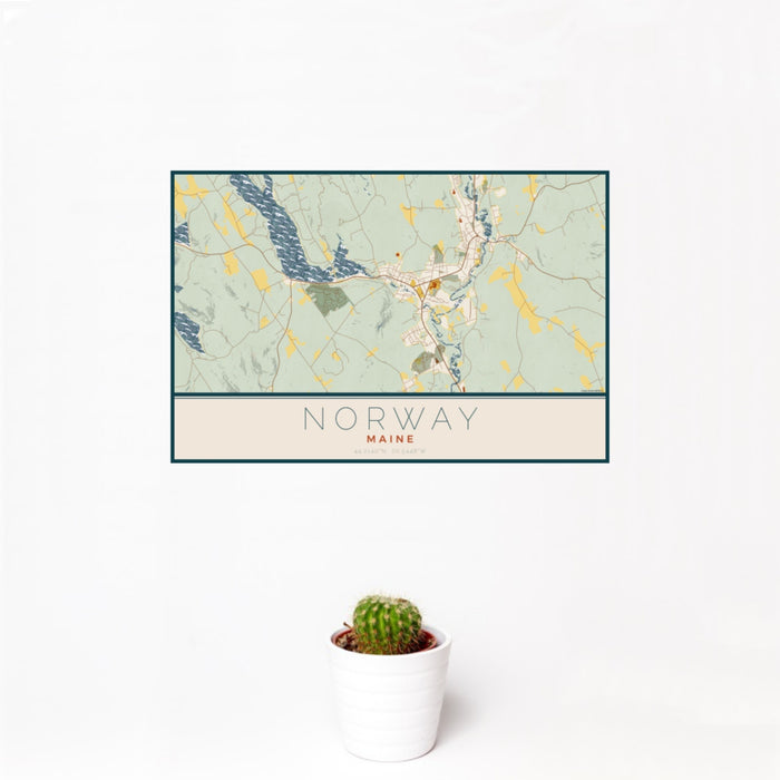 12x18 Norway Maine Map Print Landscape Orientation in Woodblock Style With Small Cactus Plant in White Planter