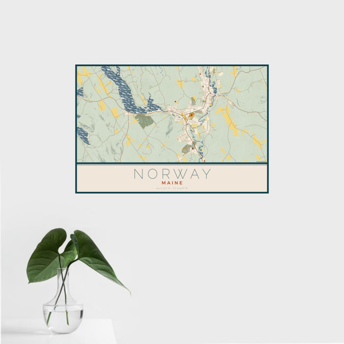 16x24 Norway Maine Map Print Landscape Orientation in Woodblock Style With Tropical Plant Leaves in Water