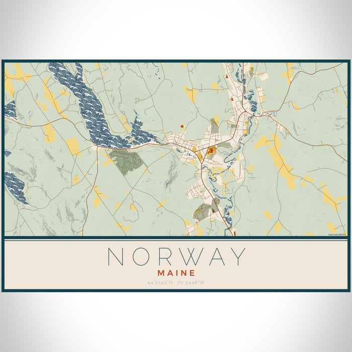 Norway Maine Map Print Landscape Orientation in Woodblock Style With Shaded Background