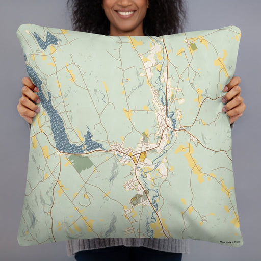 Person holding 22x22 Custom Norway Maine Map Throw Pillow in Woodblock
