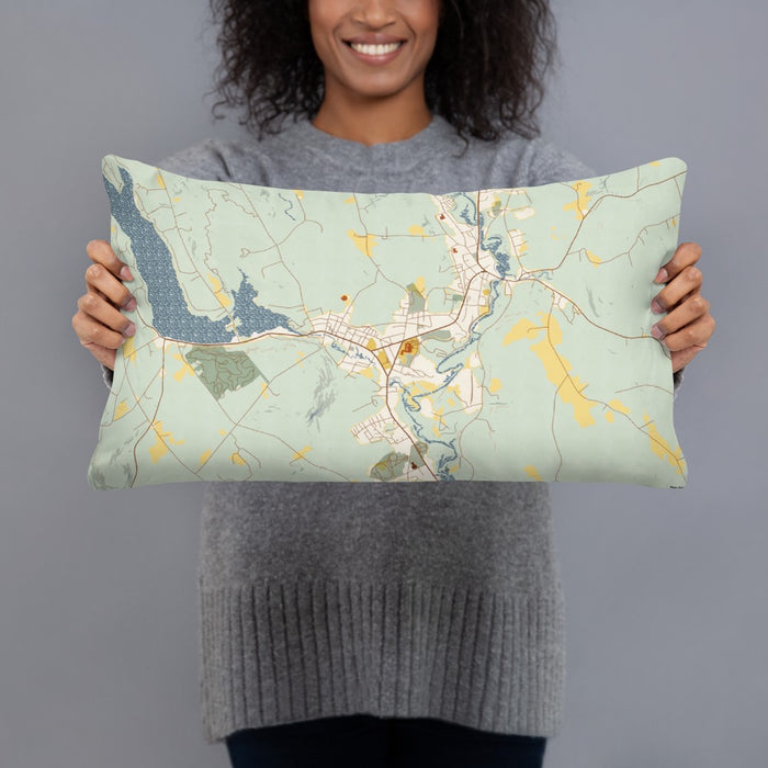 Person holding 20x12 Custom Norway Maine Map Throw Pillow in Woodblock