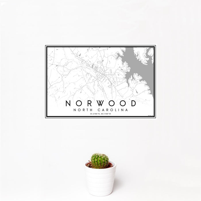 12x18 Norwood North Carolina Map Print Landscape Orientation in Classic Style With Small Cactus Plant in White Planter