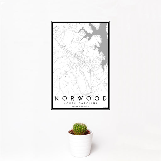 12x18 Norwood North Carolina Map Print Portrait Orientation in Classic Style With Small Cactus Plant in White Planter