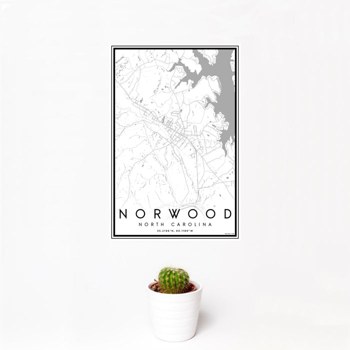 12x18 Norwood North Carolina Map Print Portrait Orientation in Classic Style With Small Cactus Plant in White Planter