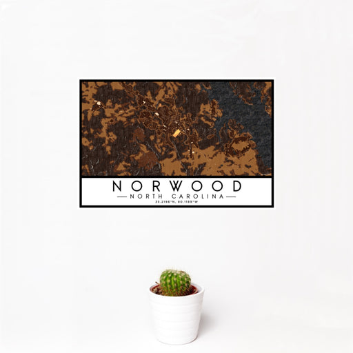 12x18 Norwood North Carolina Map Print Landscape Orientation in Ember Style With Small Cactus Plant in White Planter