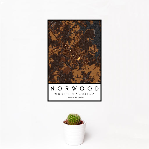 12x18 Norwood North Carolina Map Print Portrait Orientation in Ember Style With Small Cactus Plant in White Planter
