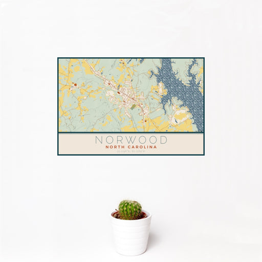 12x18 Norwood North Carolina Map Print Landscape Orientation in Woodblock Style With Small Cactus Plant in White Planter