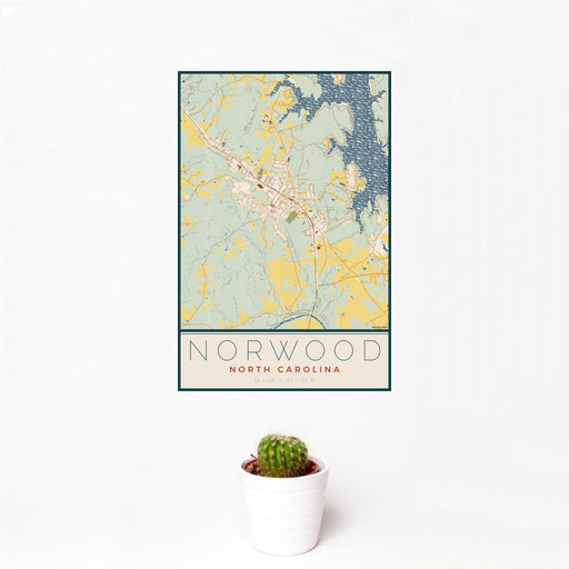 12x18 Norwood North Carolina Map Print Portrait Orientation in Woodblock Style With Small Cactus Plant in White Planter