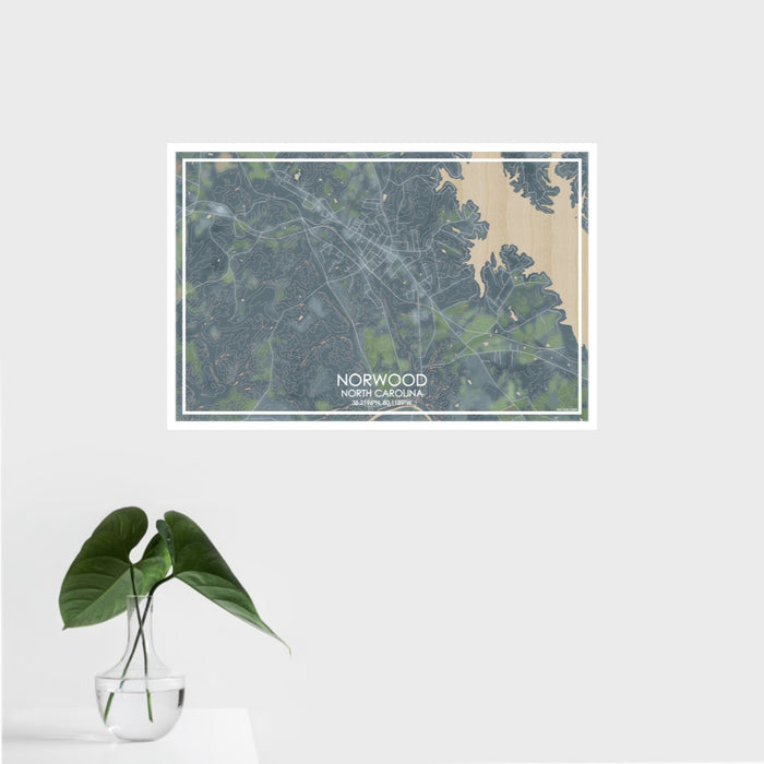 16x24 Norwood North Carolina Map Print Landscape Orientation in Afternoon Style With Tropical Plant Leaves in Water