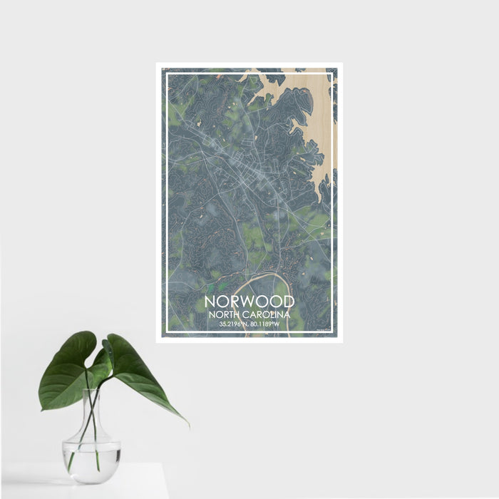 16x24 Norwood North Carolina Map Print Portrait Orientation in Afternoon Style With Tropical Plant Leaves in Water