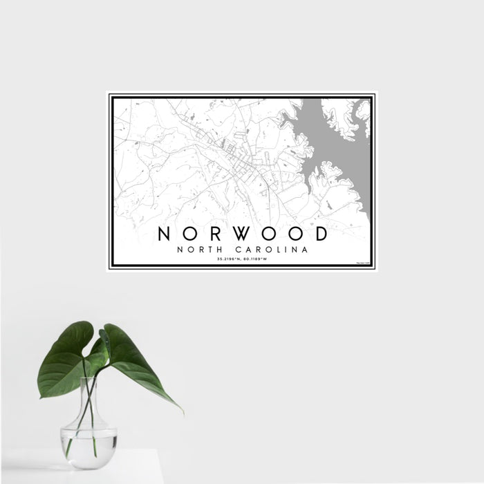 16x24 Norwood North Carolina Map Print Landscape Orientation in Classic Style With Tropical Plant Leaves in Water