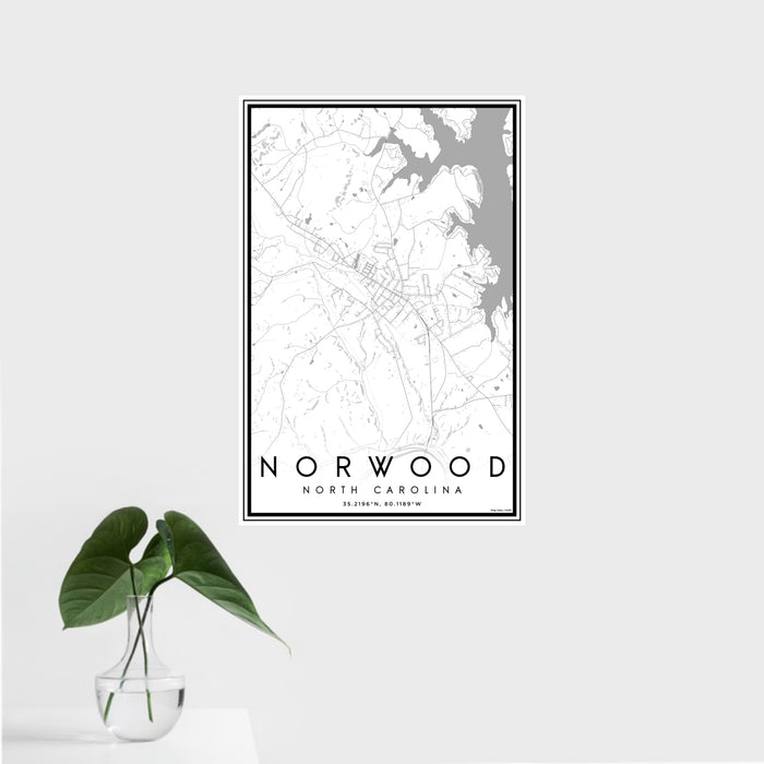 16x24 Norwood North Carolina Map Print Portrait Orientation in Classic Style With Tropical Plant Leaves in Water