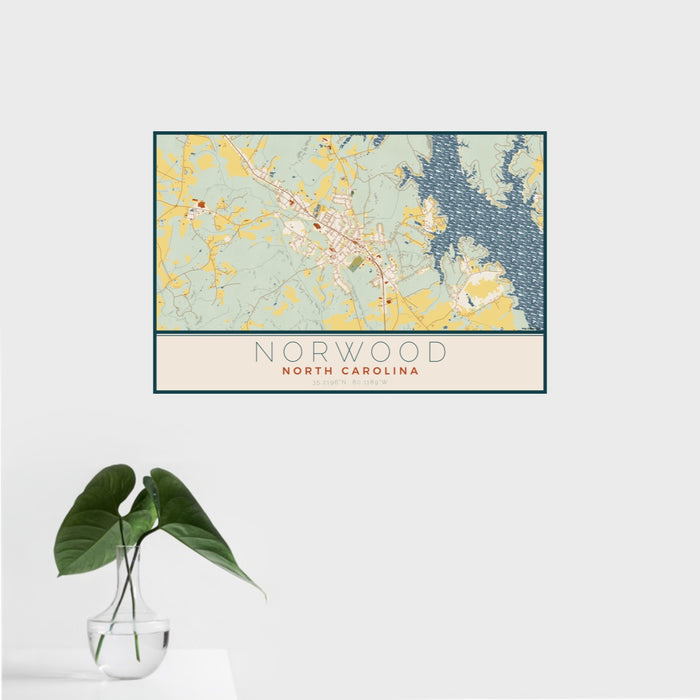 16x24 Norwood North Carolina Map Print Landscape Orientation in Woodblock Style With Tropical Plant Leaves in Water