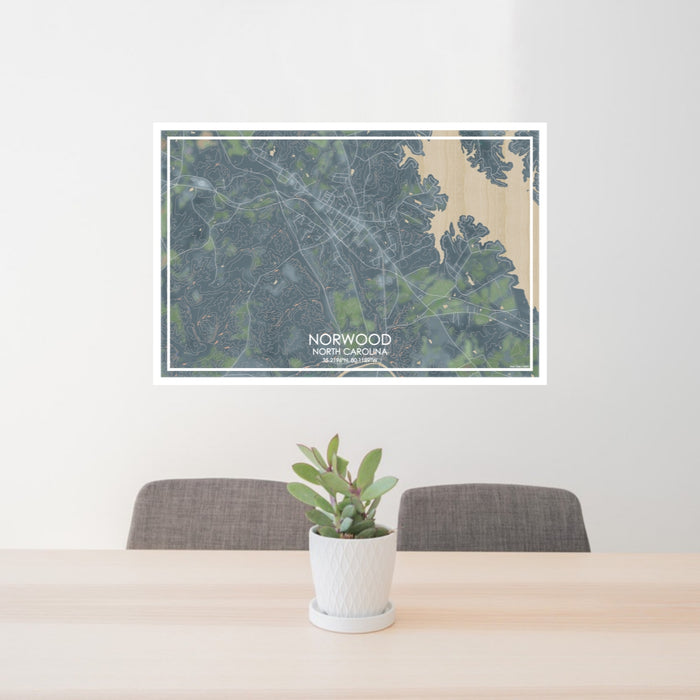 24x36 Norwood North Carolina Map Print Lanscape Orientation in Afternoon Style Behind 2 Chairs Table and Potted Plant