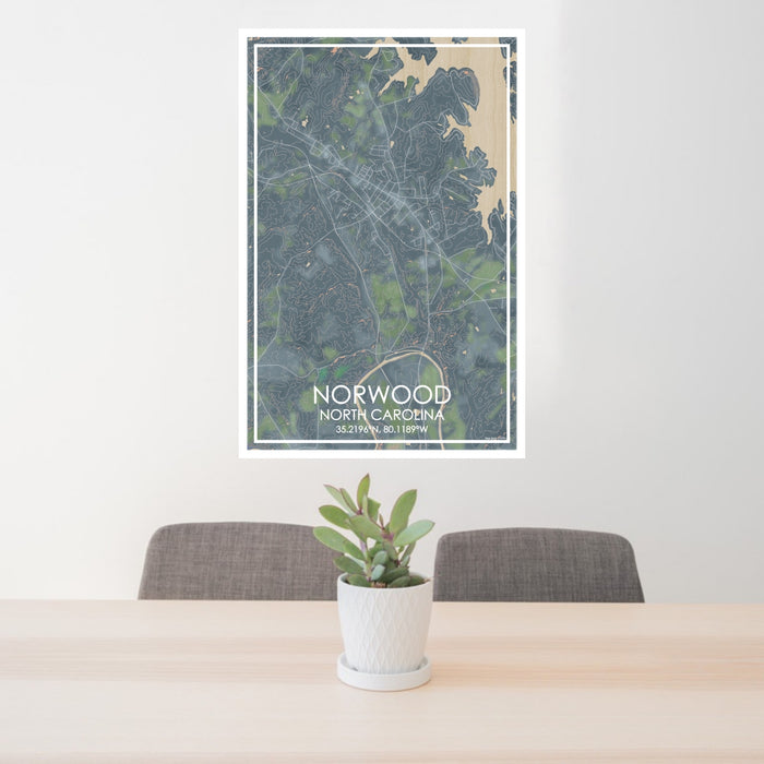 24x36 Norwood North Carolina Map Print Portrait Orientation in Afternoon Style Behind 2 Chairs Table and Potted Plant