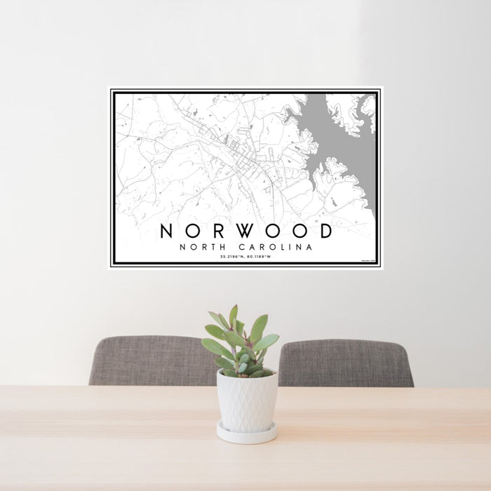 24x36 Norwood North Carolina Map Print Lanscape Orientation in Classic Style Behind 2 Chairs Table and Potted Plant