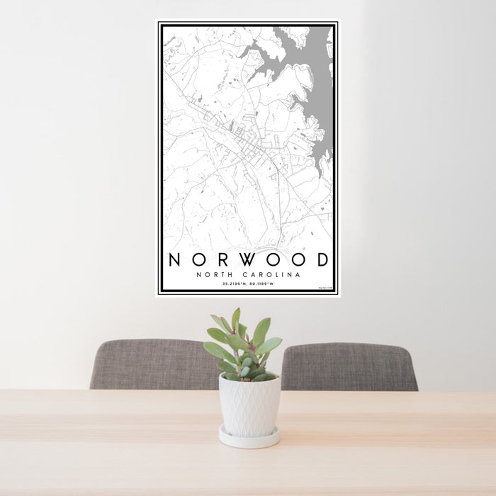 24x36 Norwood North Carolina Map Print Portrait Orientation in Classic Style Behind 2 Chairs Table and Potted Plant