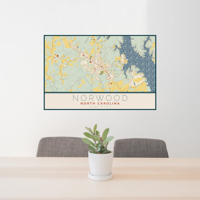 24x36 Norwood North Carolina Map Print Lanscape Orientation in Woodblock Style Behind 2 Chairs Table and Potted Plant