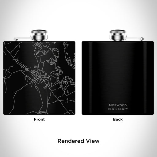 Rendered View of Norwood North Carolina Map Engraving on 6oz Stainless Steel Flask in Black