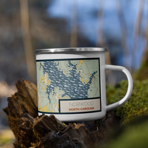 Right View Custom Norwood North Carolina Map Enamel Mug in Woodblock on Grass With Trees in Background