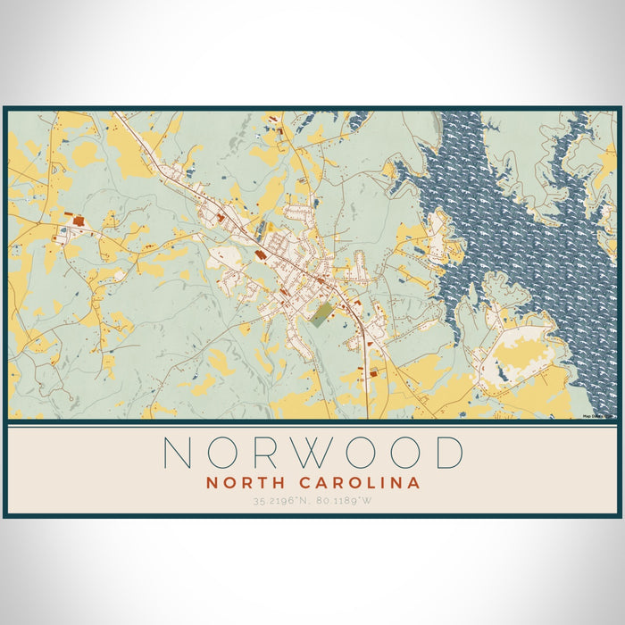 Norwood North Carolina Map Print Landscape Orientation in Woodblock Style With Shaded Background