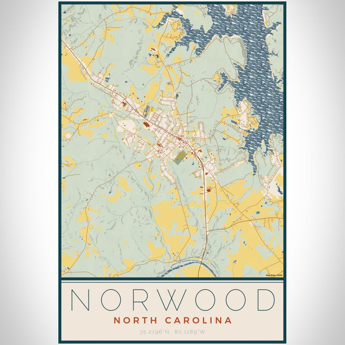 Norwood North Carolina Map Print Portrait Orientation in Woodblock Style With Shaded Background