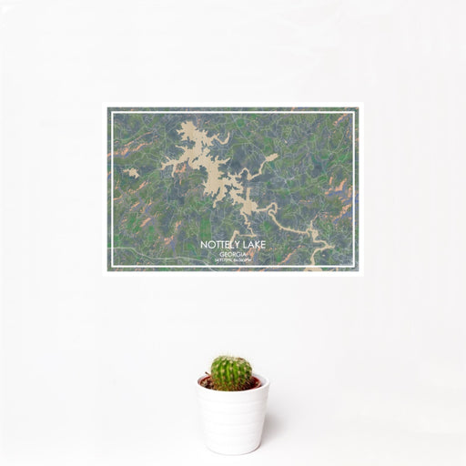 12x18 Nottely Lake Georgia Map Print Landscape Orientation in Afternoon Style With Small Cactus Plant in White Planter