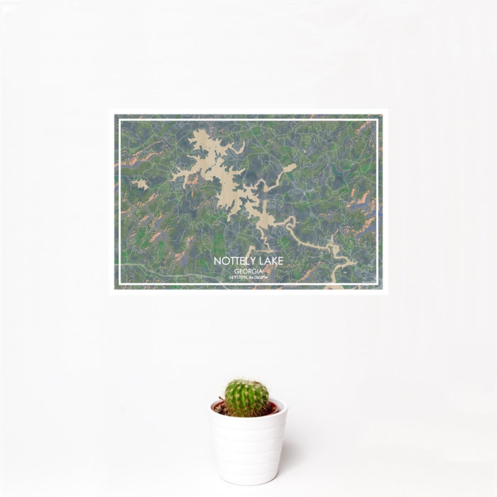 12x18 Nottely Lake Georgia Map Print Landscape Orientation in Afternoon Style With Small Cactus Plant in White Planter