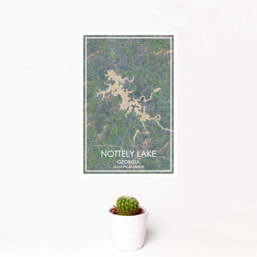12x18 Nottely Lake Georgia Map Print Portrait Orientation in Afternoon Style With Small Cactus Plant in White Planter
