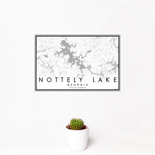 12x18 Nottely Lake Georgia Map Print Landscape Orientation in Classic Style With Small Cactus Plant in White Planter