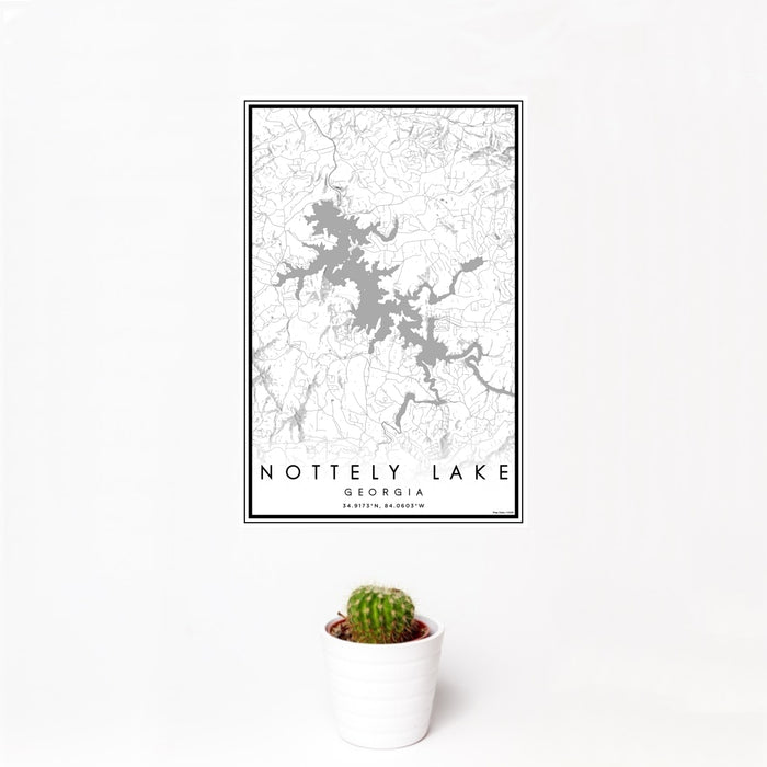 12x18 Nottely Lake Georgia Map Print Portrait Orientation in Classic Style With Small Cactus Plant in White Planter