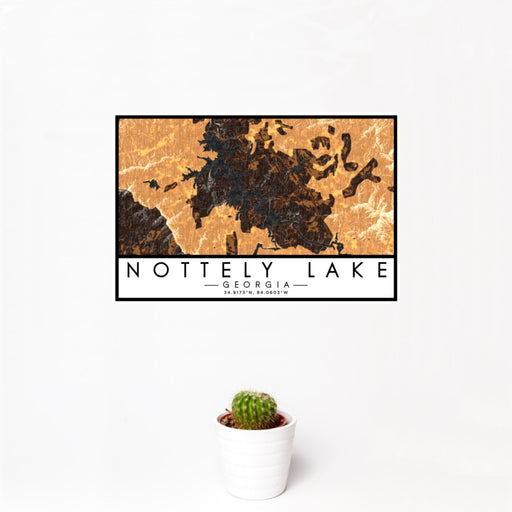 12x18 Nottely Lake Georgia Map Print Landscape Orientation in Ember Style With Small Cactus Plant in White Planter