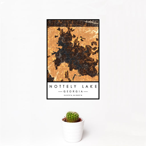 12x18 Nottely Lake Georgia Map Print Portrait Orientation in Ember Style With Small Cactus Plant in White Planter
