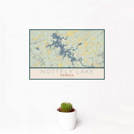12x18 Nottely Lake Georgia Map Print Landscape Orientation in Woodblock Style With Small Cactus Plant in White Planter
