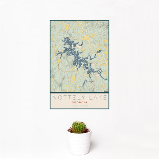 12x18 Nottely Lake Georgia Map Print Portrait Orientation in Woodblock Style With Small Cactus Plant in White Planter