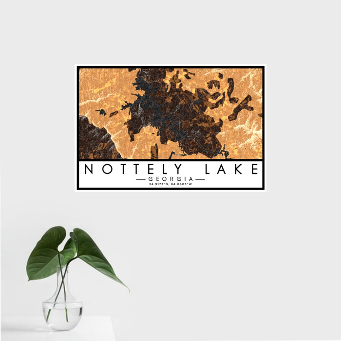16x24 Nottely Lake Georgia Map Print Landscape Orientation in Ember Style With Tropical Plant Leaves in Water