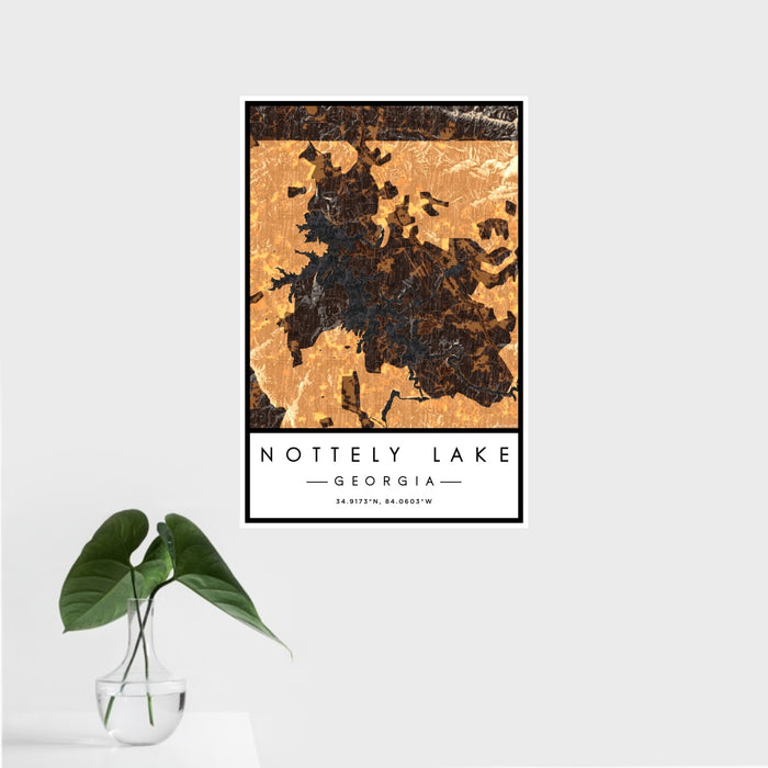 16x24 Nottely Lake Georgia Map Print Portrait Orientation in Ember Style With Tropical Plant Leaves in Water