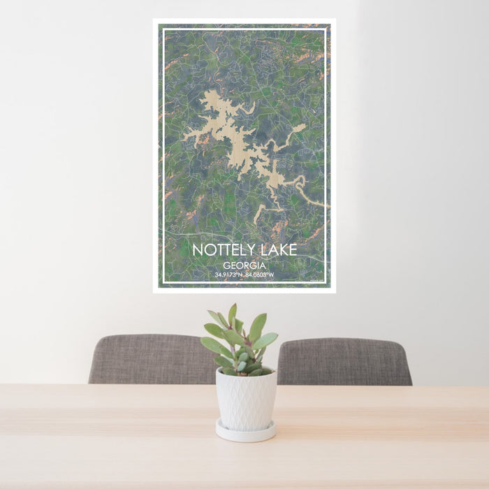 24x36 Nottely Lake Georgia Map Print Portrait Orientation in Afternoon Style Behind 2 Chairs Table and Potted Plant