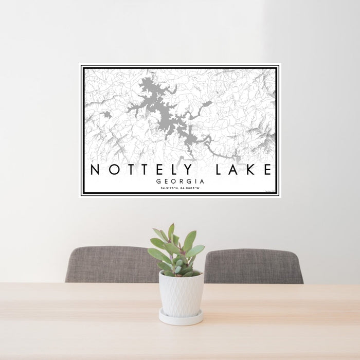 24x36 Nottely Lake Georgia Map Print Lanscape Orientation in Classic Style Behind 2 Chairs Table and Potted Plant