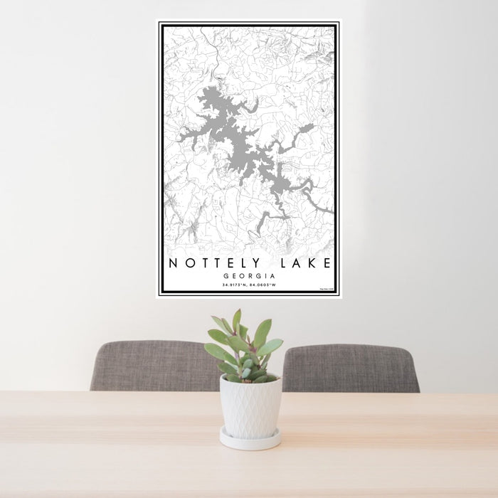 24x36 Nottely Lake Georgia Map Print Portrait Orientation in Classic Style Behind 2 Chairs Table and Potted Plant
