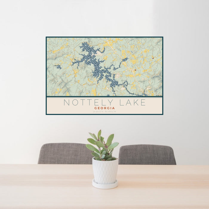 24x36 Nottely Lake Georgia Map Print Lanscape Orientation in Woodblock Style Behind 2 Chairs Table and Potted Plant