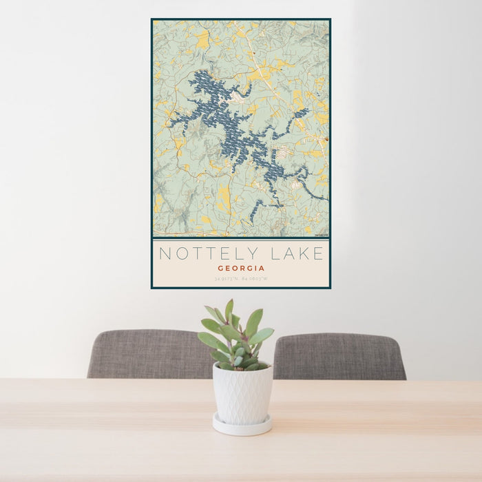 24x36 Nottely Lake Georgia Map Print Portrait Orientation in Woodblock Style Behind 2 Chairs Table and Potted Plant
