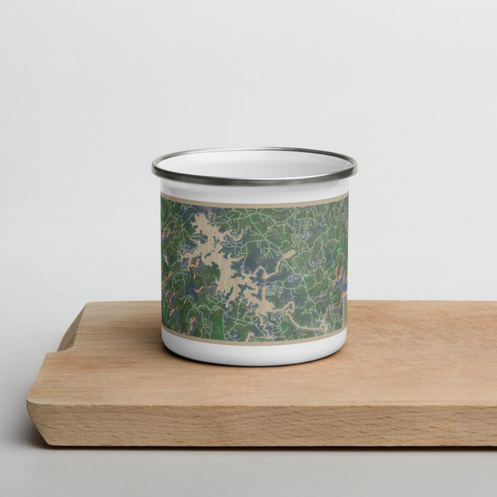 Front View Custom Nottely Lake Georgia Map Enamel Mug in Afternoon on Cutting Board