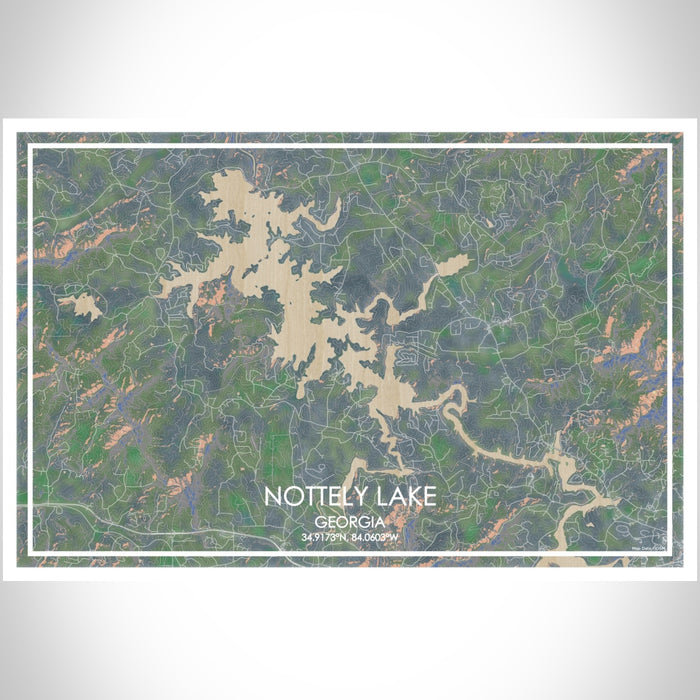Nottely Lake Georgia Map Print Landscape Orientation in Afternoon Style With Shaded Background
